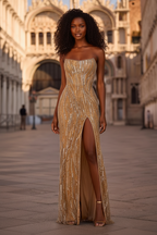 Customer wearing champagne gold wave beaded strapless evening gown - front