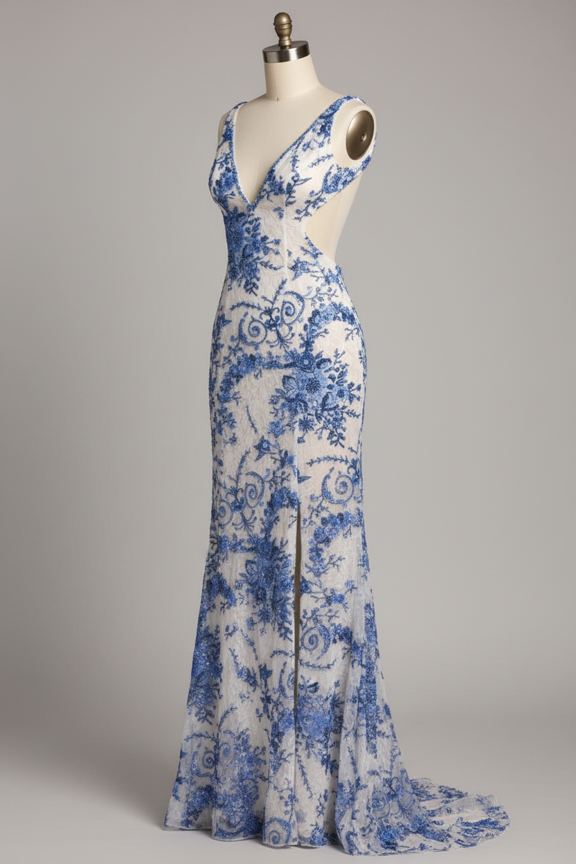 White Mermaid Prom Dress with Blue Floral Lace Embroidery and Cutout Waist BMBRIDE
