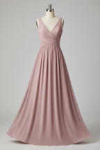Dusty Rose Chiffon Pleated V-Neck A-Line Bridesmaid Dress - 20 Colors Available BMBRIDE