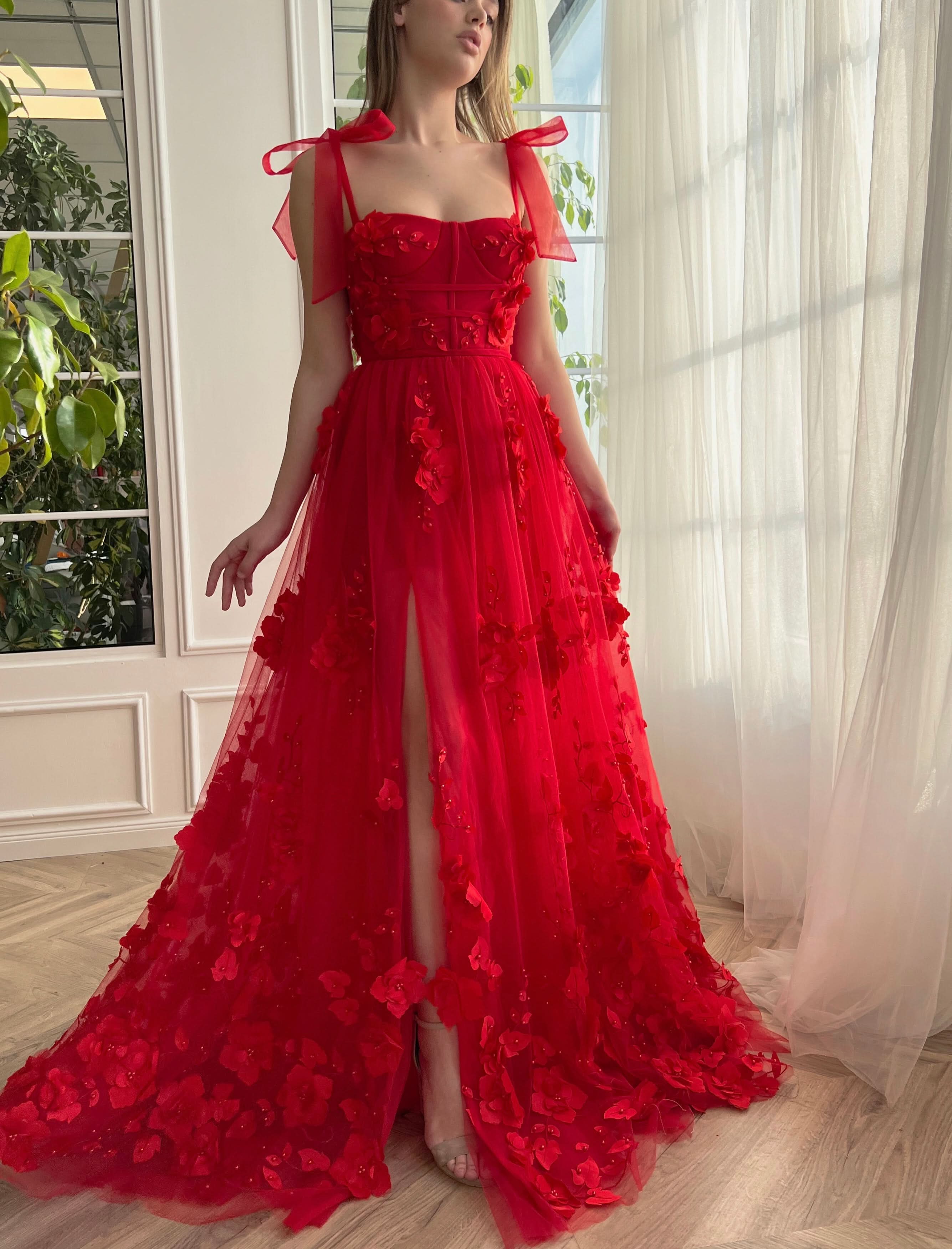 Captivating Scarlet Lace A-Line 3D Flower Long Prom Dress with Slit BM bride