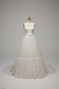 White 3D floral A-line wedding dress - front view