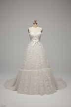 White 3D floral A-line wedding dress - front view