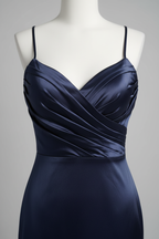 Navy Blue Satin Sweetheart Crisscross High Slit A-Line Bridesmaid Dress with Pockets - 12 Colors BMBRIDE
