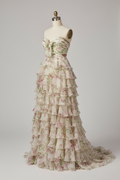 White floral print tiered ruffle prom dress - alternate side view