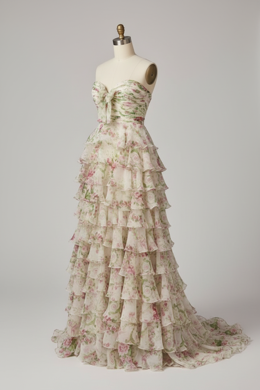 White floral print tiered ruffle prom dress - alternate side view