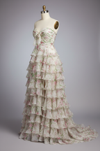 White floral print tiered ruffle prom dress - side view