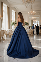 Navy Blue Satin Sweetheart Crisscross High Slit A-Line Bridesmaid Dress with Pockets - 12 Colors BMBRIDE
