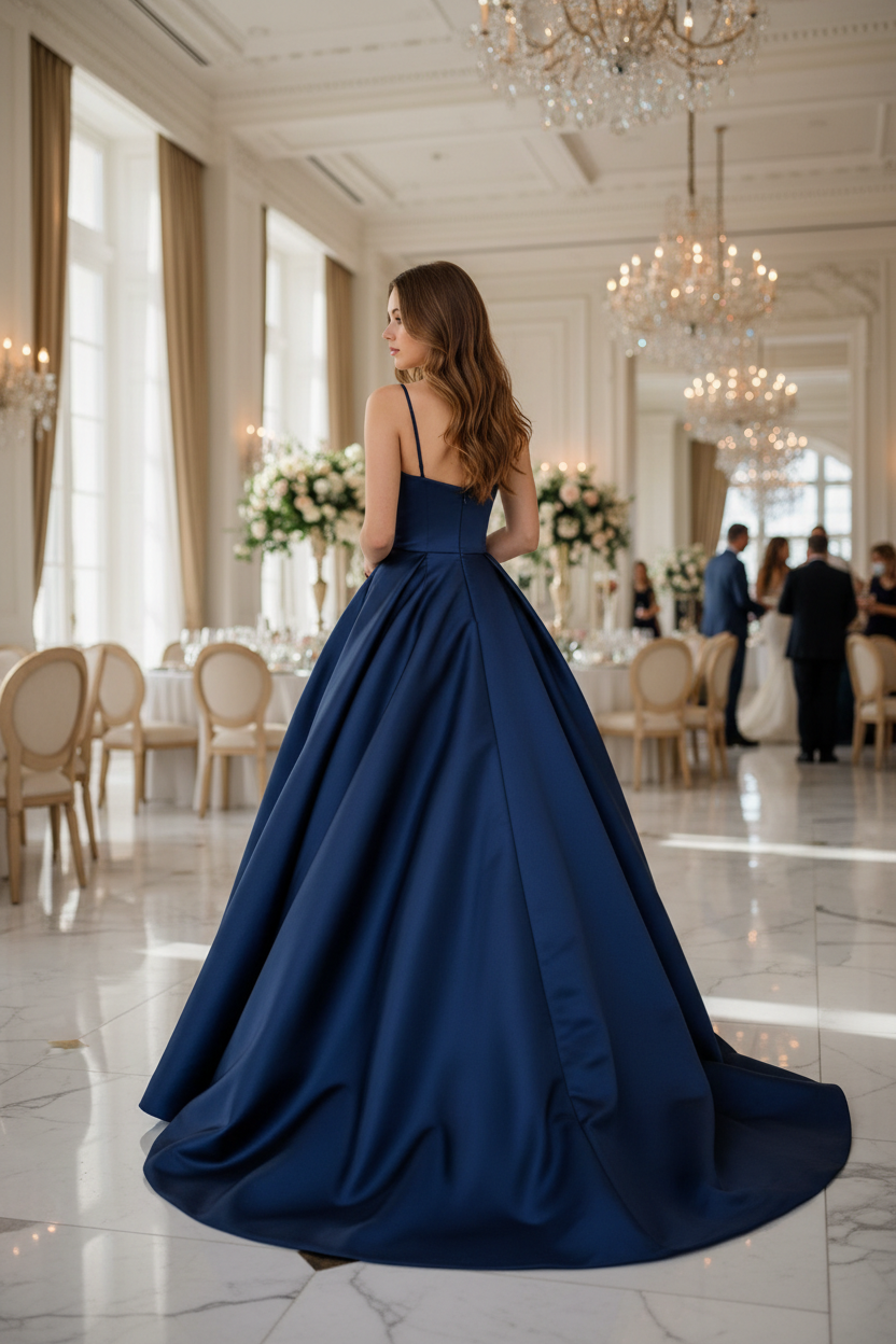 Navy Blue Satin Sweetheart Crisscross High Slit A-Line Bridesmaid Dress with Pockets - 12 Colors BMBRIDE