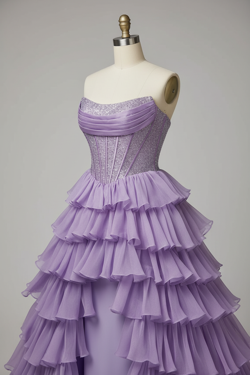 Lavender purple tiered ruffle ball gown - ruffle detail