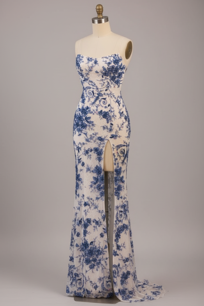 White Mermaid Prom Dress with Blue Floral Lace and Strappy Back BMBRIDE