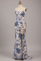 White Mermaid Prom Dress with Blue Floral Lace and Strappy Back BMBRIDE
