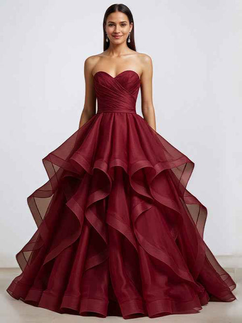 Burgundy A Line Strapless Wrinkles Long Formal Evening Dress BMBRIDE