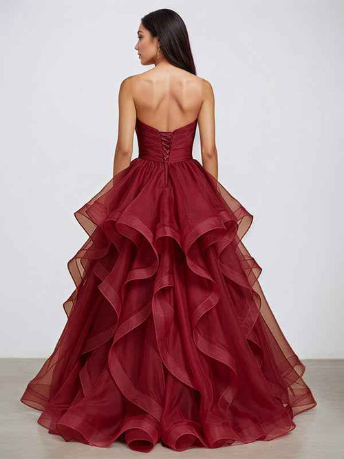 Burgundy A Line Strapless Wrinkles Long Formal Evening Dress BMBRIDE