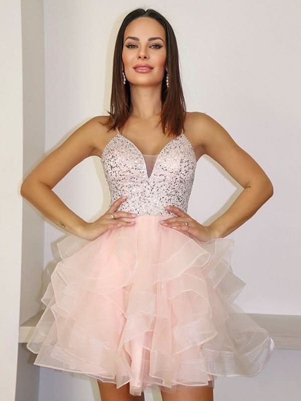 Charming A-Line V Neck Tulle Homecoming Dress BM bride