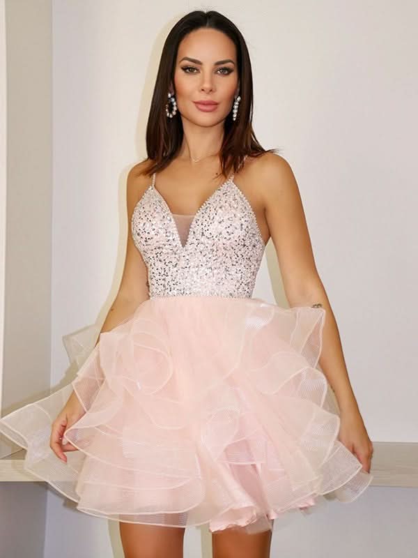 Charming A-Line V Neck Tulle Homecoming Dress BM bride