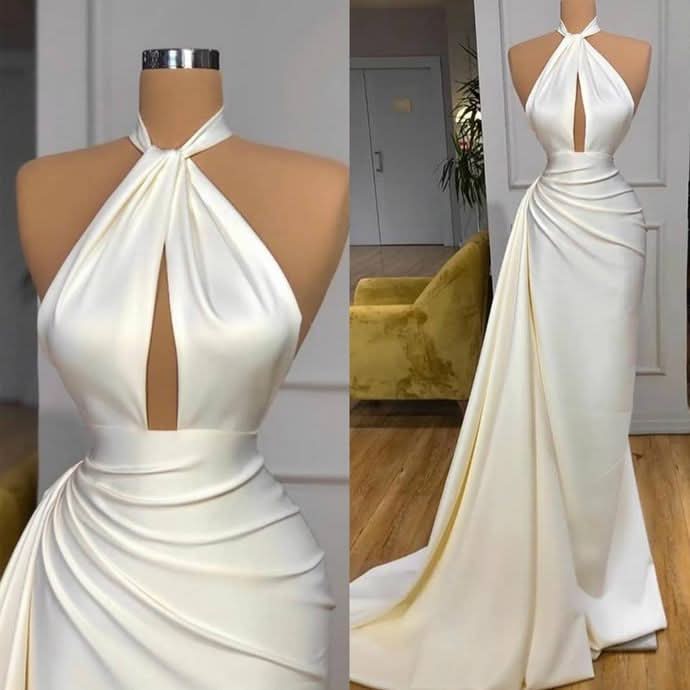 BMbride Ivory Halter Long Evening Prom Dress With Split Detachable Train BMbride