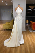 BMbride Ivory Halter Long Evening Prom Dress With Split Detachable Train BMbride