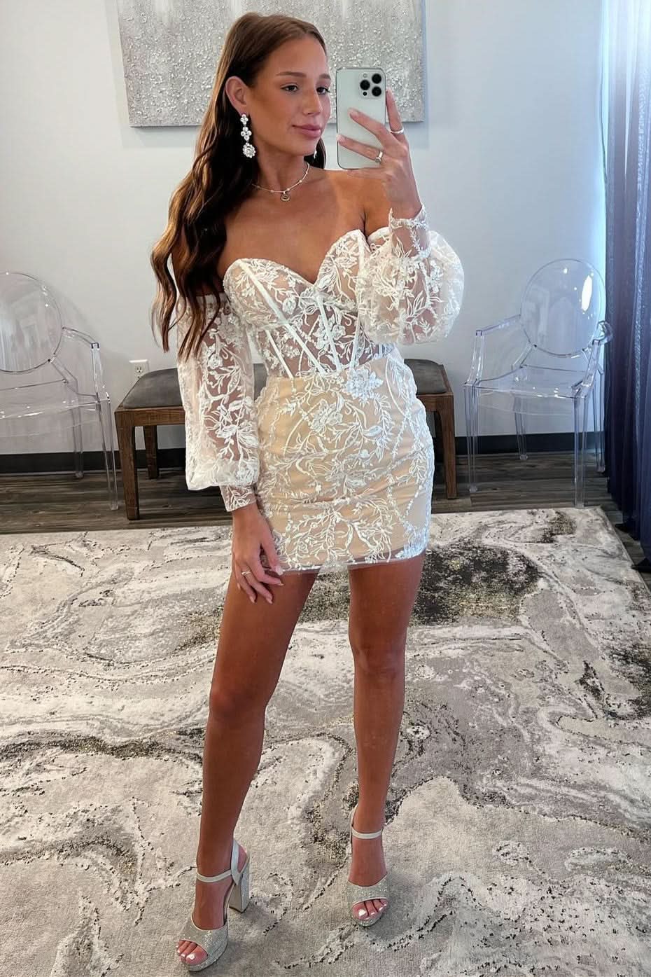 Delicate Ivory Lace Strapless Short Homecoming Dress with Detachable Sleeves BM bride