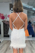 Ivory Sequin Halter Straps Sheath Homecoming Dress with Feathers BM bride