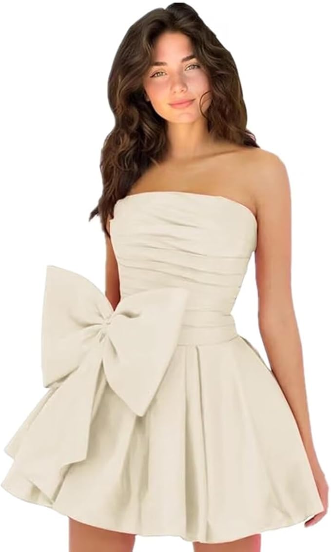 Simple Sleeveless Ruched Mini Homecoming Dress with Bow, Perfect for Any Party BM bride