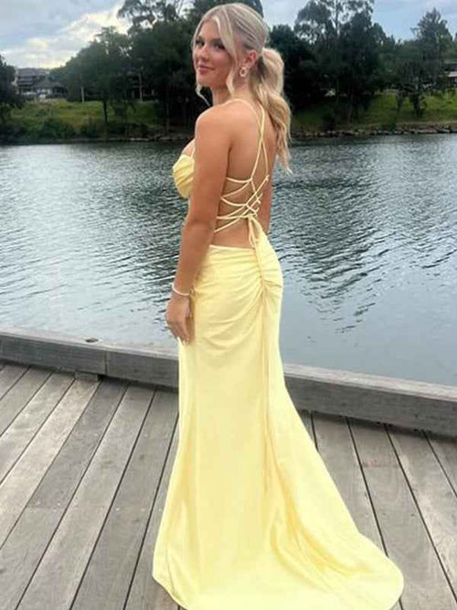 Yellow Mermaid Scoop Neck Satin Long Prom Dress with Slit BMBRIDE