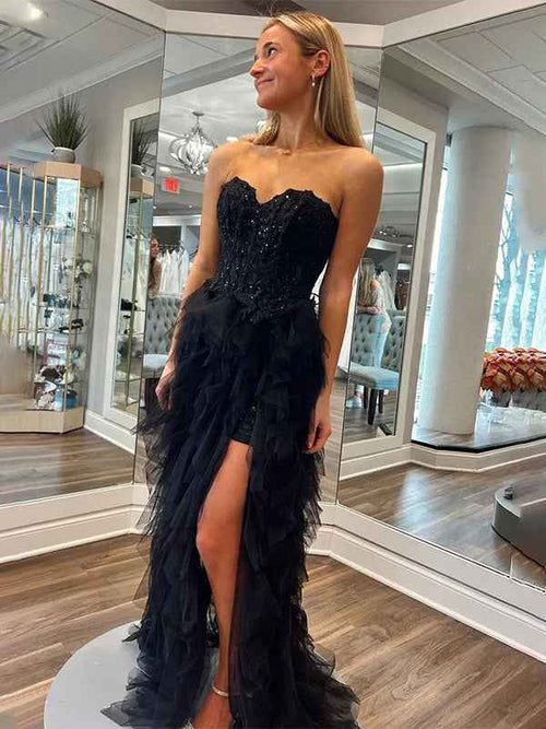 Black A Line Tulle Strapless Tiered Prom Dress with Applique BMBRIDE