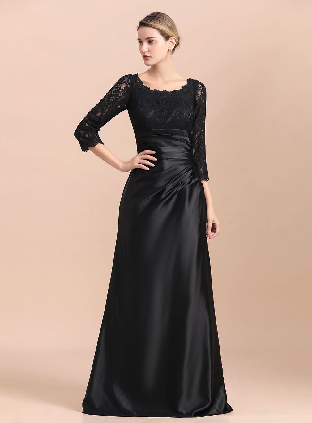 Jewel 3/4 Sleeves Satin Lace Ruffles Floor-Length Dress BMbride