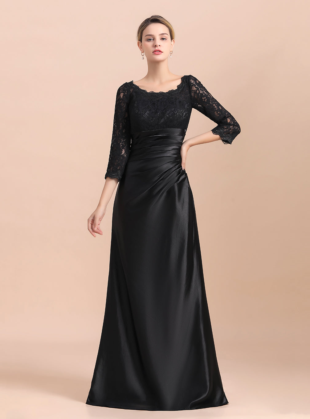 Jewel 3/4 Sleeves Satin Lace Ruffles Floor-Length Dress BMbride