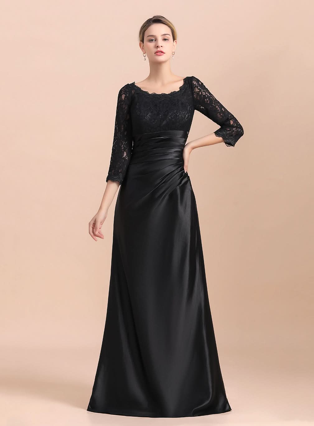 Jewel 3/4 Sleeves Satin Lace Ruffles Floor-Length Dress BMbride