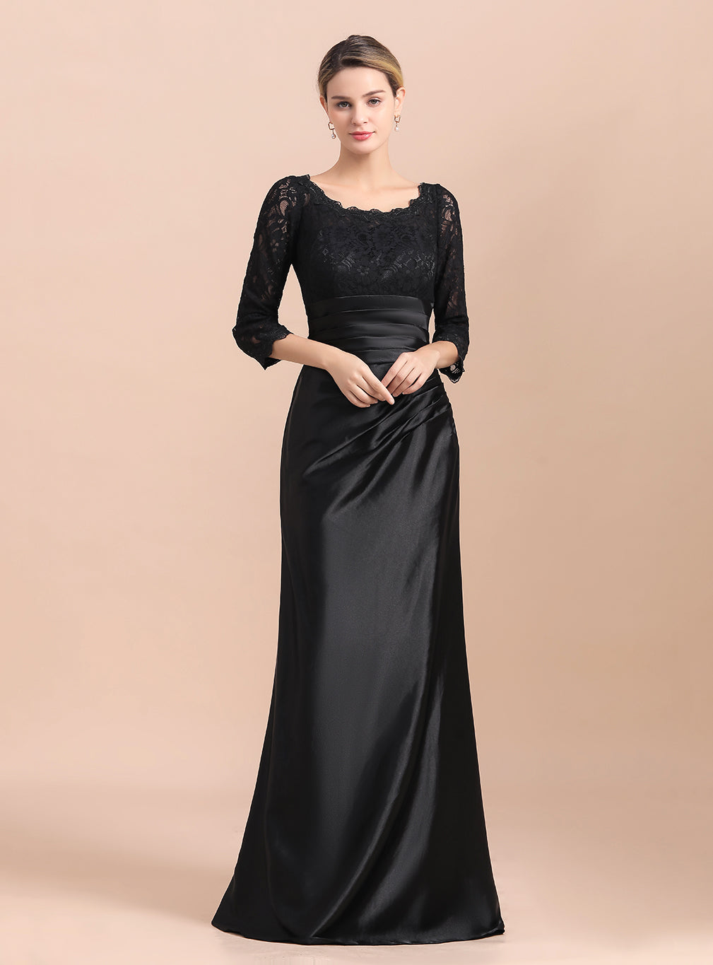 Jewel 3/4 Sleeves Satin Lace Ruffles Floor-Length Dress BMbride