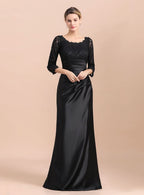 Jewel 3/4 Sleeves Satin Lace Ruffles Floor-Length Dress BMbride