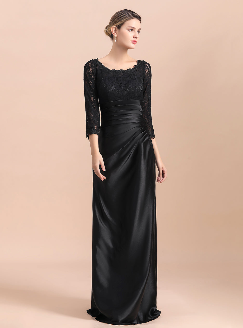 Jewel 3/4 Sleeves Satin Lace Ruffles Floor-Length Dress BMbride