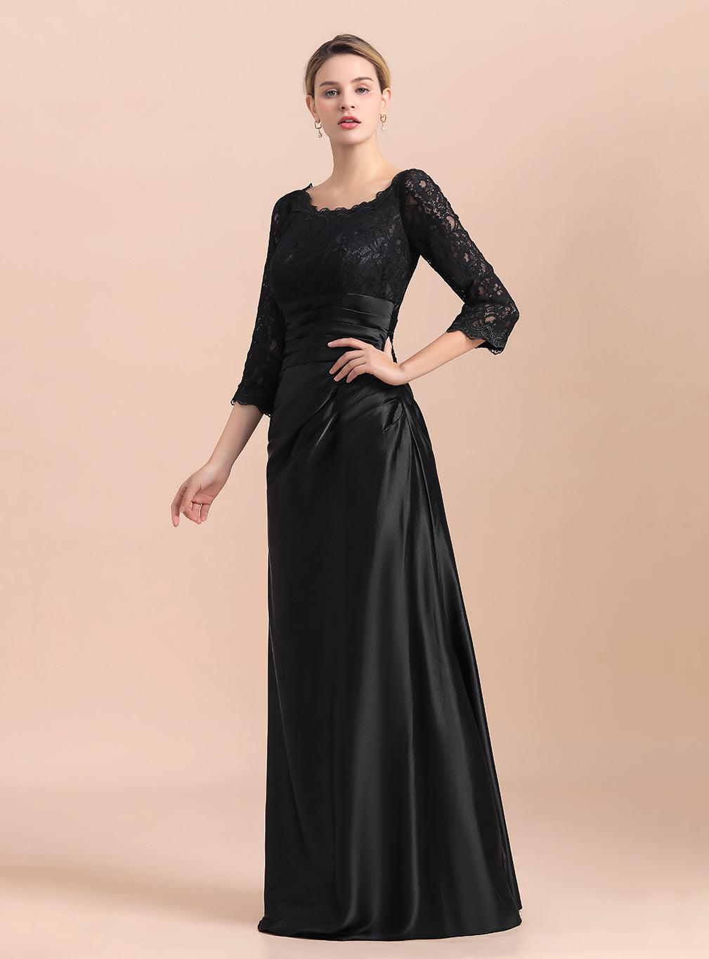 Jewel 3/4 Sleeves Satin Lace Ruffles Floor-Length Dress BMbride