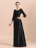 Jewel 3/4 Sleeves Satin Lace Ruffles Floor-Length Dress BMbride