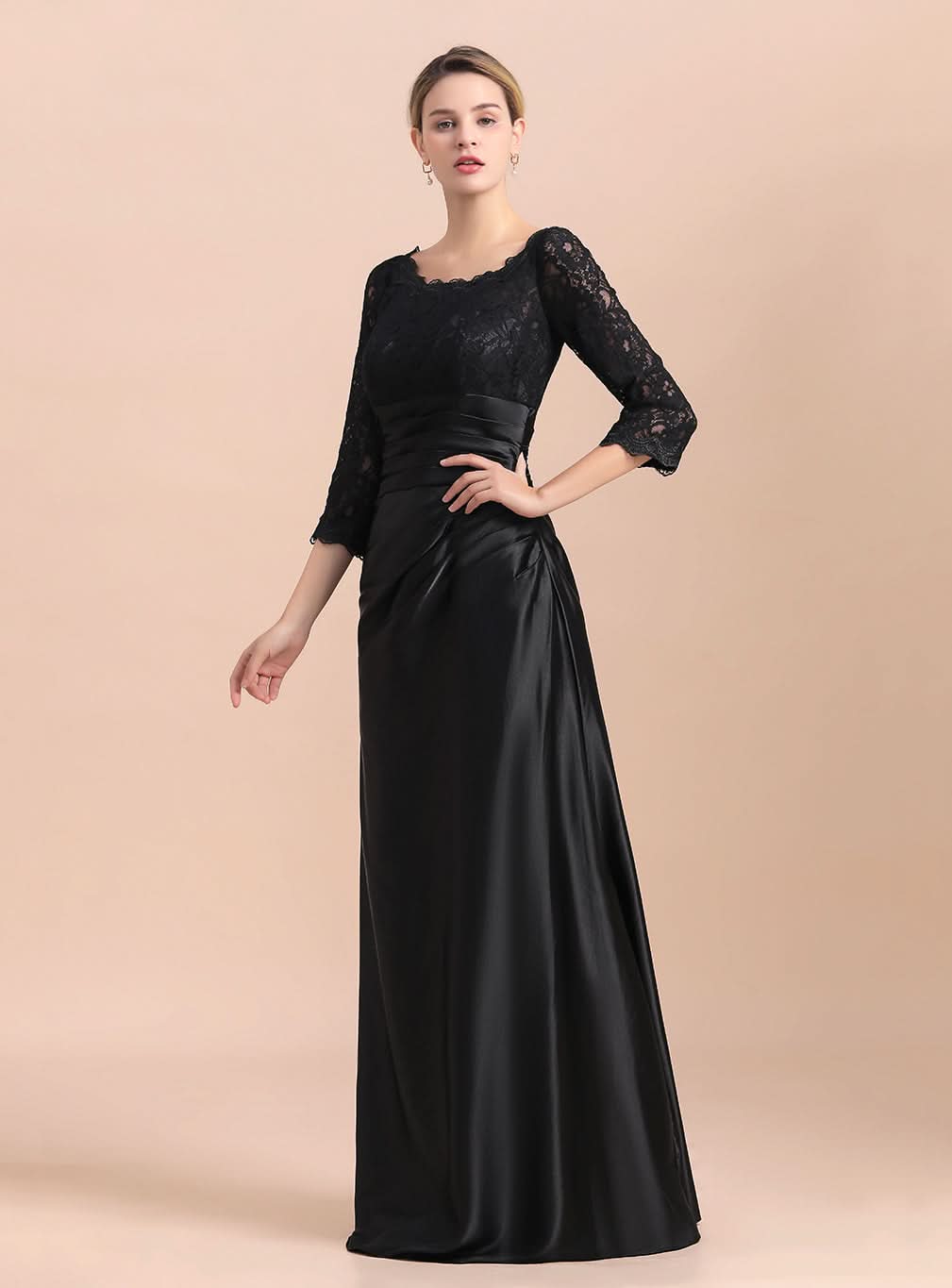 Jewel 3/4 Sleeves Satin Lace Ruffles Floor-Length Dress BMbride