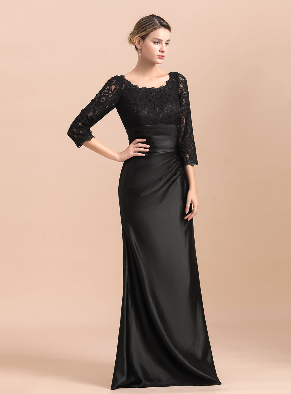 Jewel 3/4 Sleeves Satin Lace Ruffles Floor-Length Dress BMbride