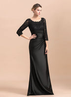 Jewel 3/4 Sleeves Satin Lace Ruffles Floor-Length Dress BMbride
