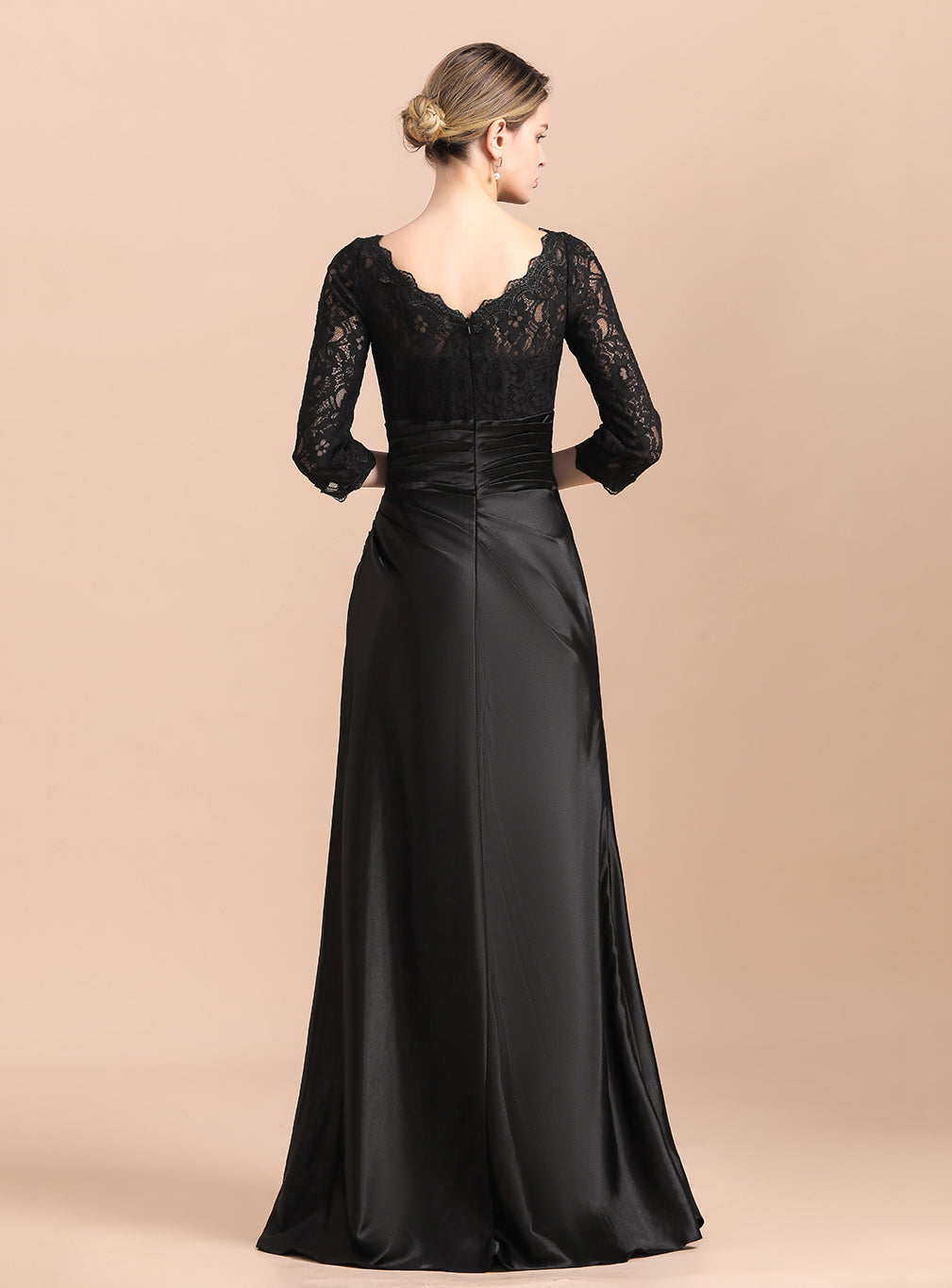 Jewel 3/4 Sleeves Satin Lace Ruffles Floor-Length Dress BMbride