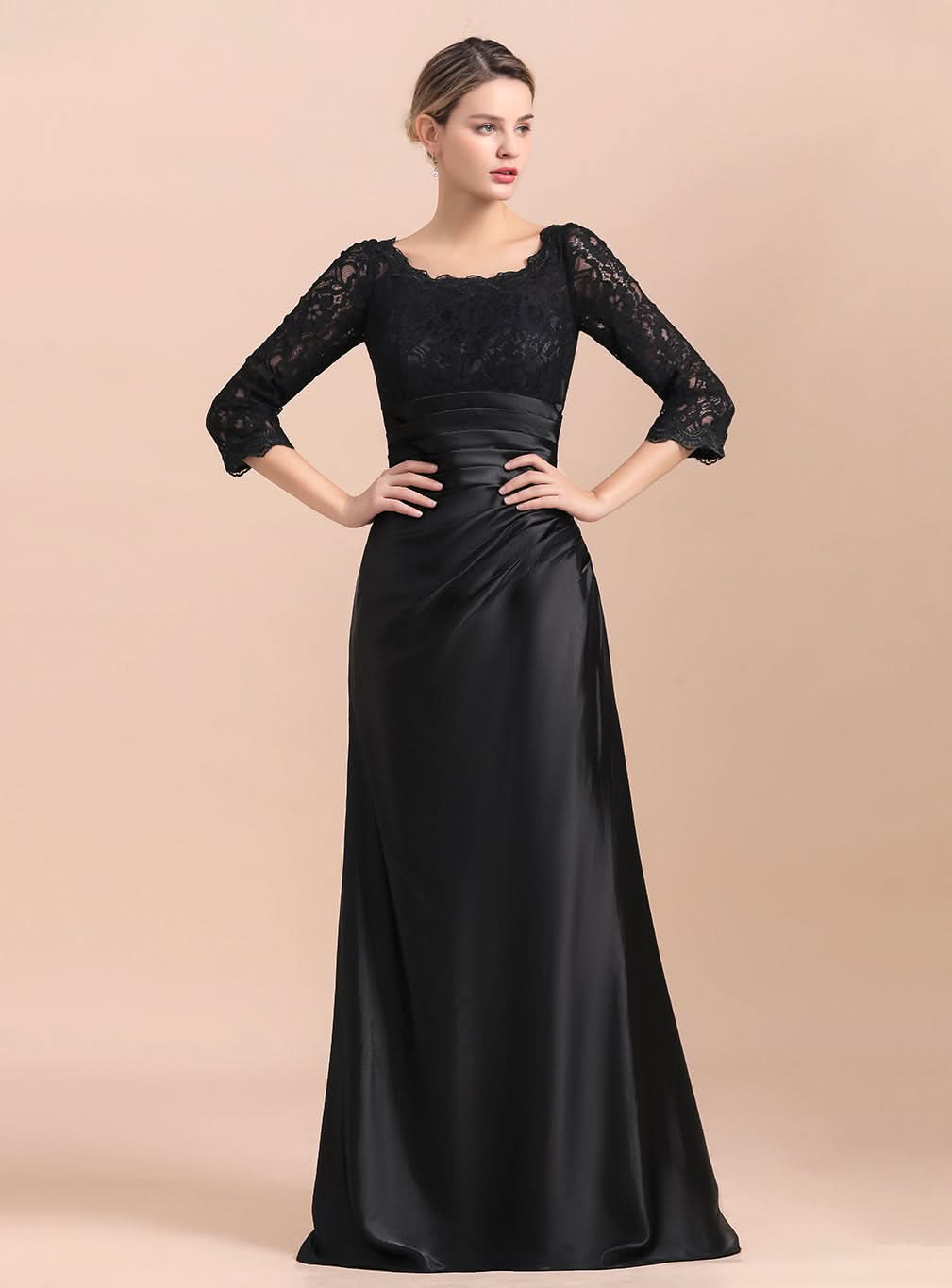 Jewel 3/4 Sleeves Satin Lace Ruffles Floor-Length Dress BMbride