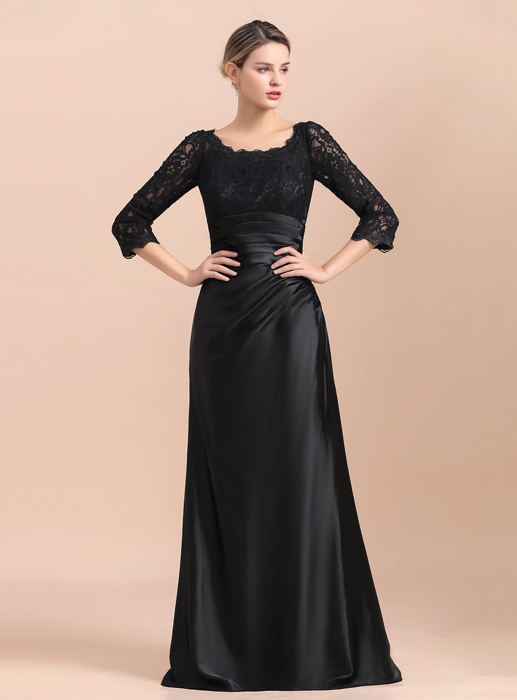 Jewel 3/4 Sleeves Satin Lace Ruffles Floor-Length Dress BMbride