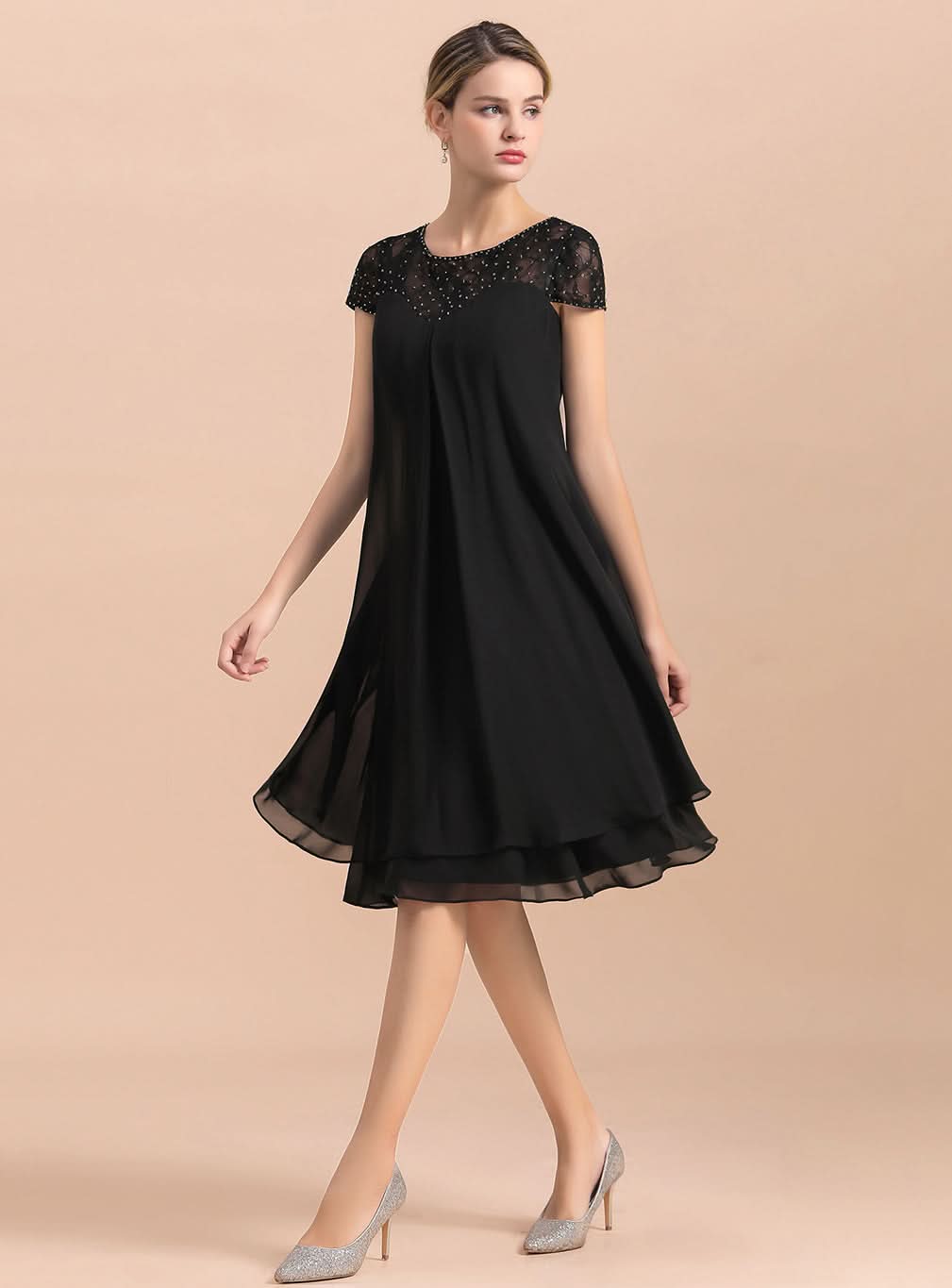 Jewel Cap Sleeves Chiffon Tea-Length Dress BMbride