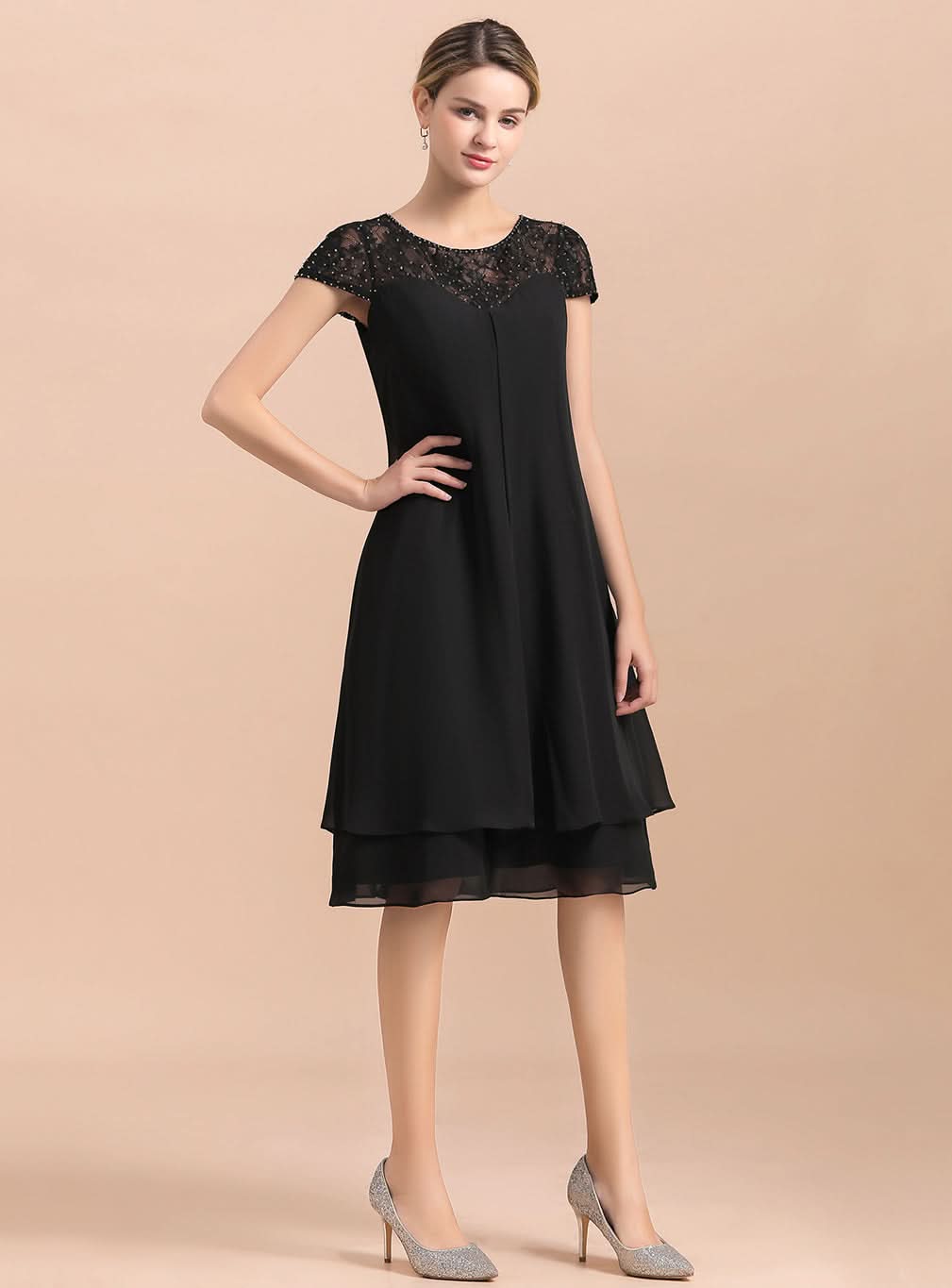 Jewel Cap Sleeves Chiffon Tea-Length Dress BMbride