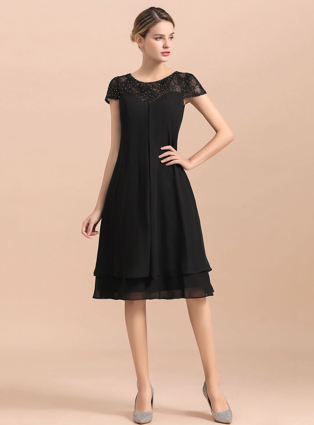 Jewel Cap Sleeves Chiffon Tea-Length Dress BMbride
