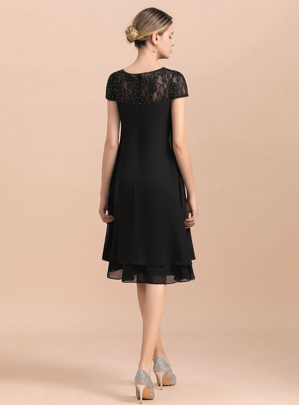Jewel Cap Sleeves Chiffon Tea-Length Dress BMbride