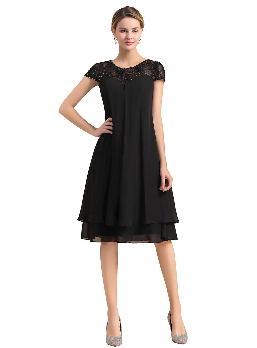 Jewel Cap Sleeves Chiffon Tea-Length Dress BMbride
