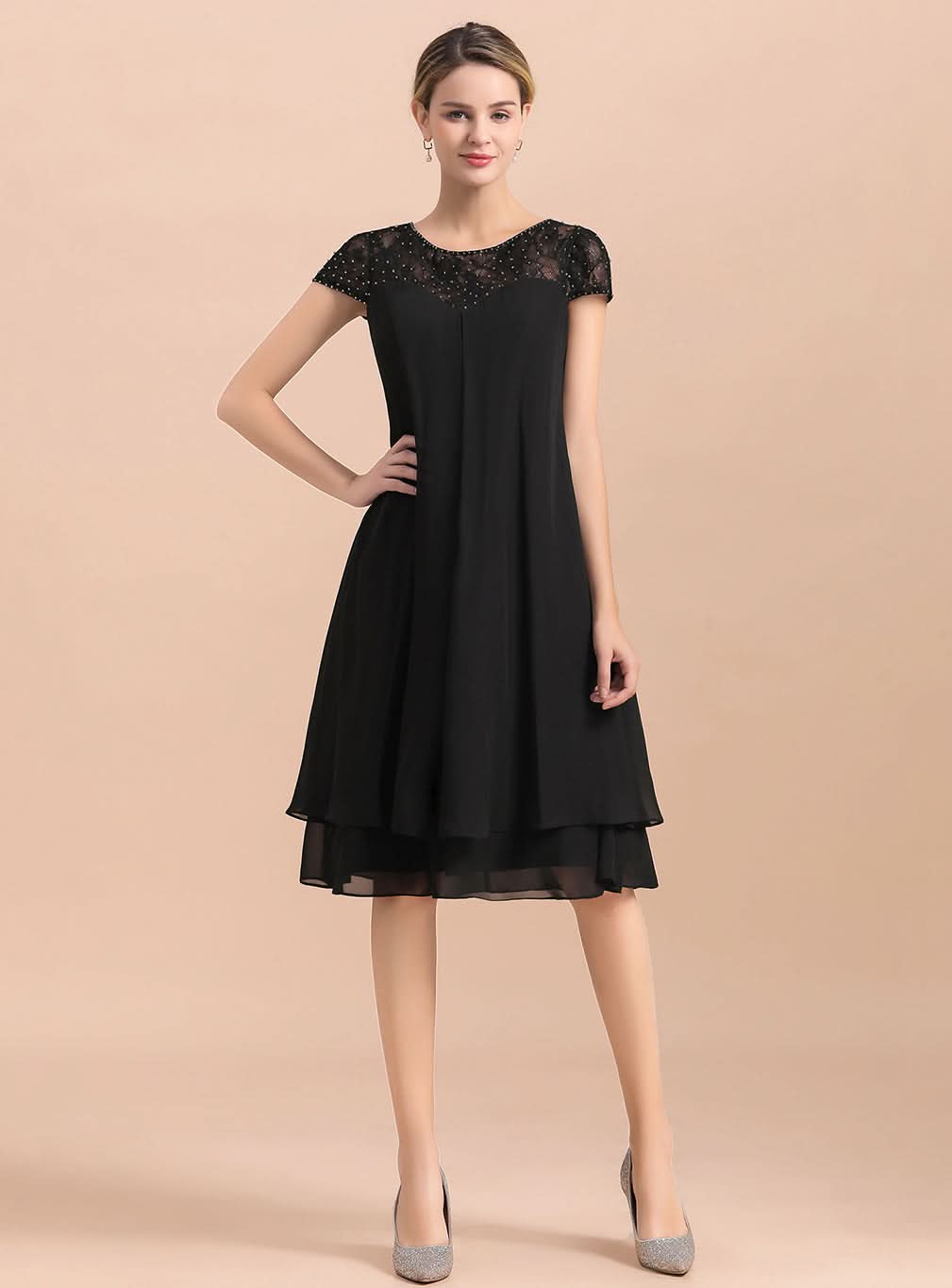 Jewel Cap Sleeves Chiffon Tea-Length Dress BMbride