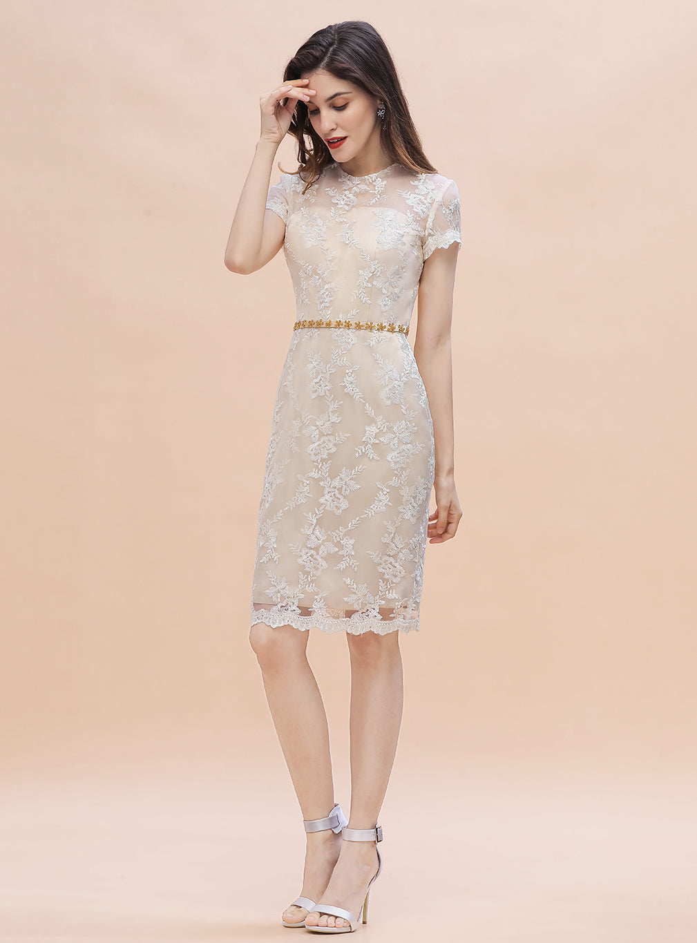 Jewel Short Sleeves Tulle Lace Knee-Length Dress BMbride