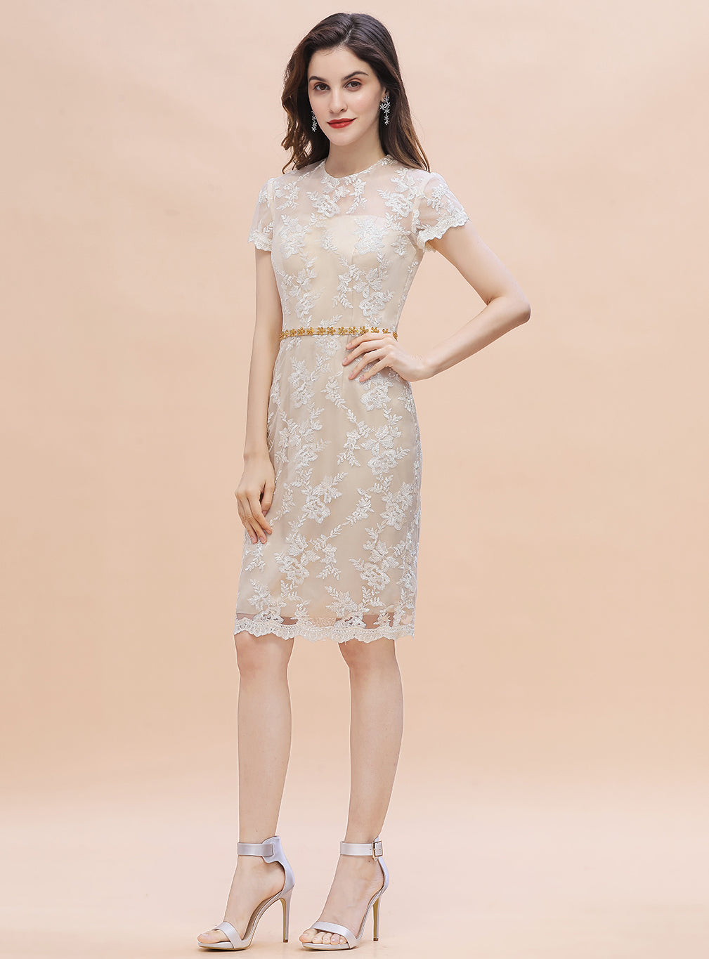 Jewel Short Sleeves Tulle Lace Knee-Length Dress BMbride