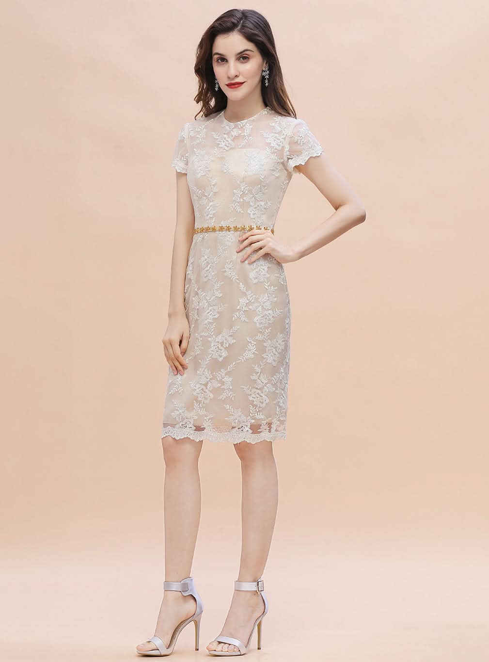 Jewel Short Sleeves Tulle Lace Knee-Length Dress BMbride