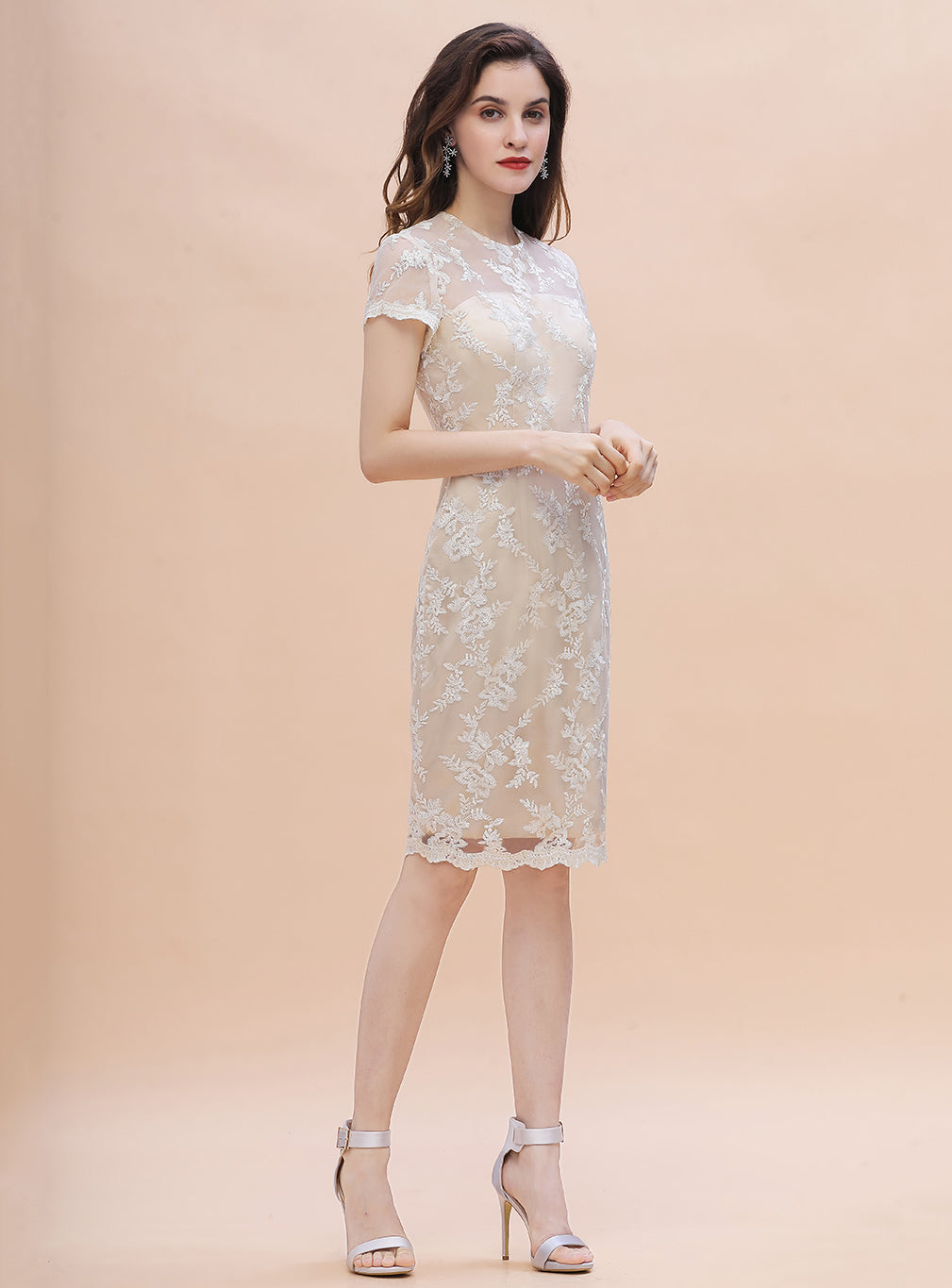 Jewel Short Sleeves Tulle Lace Knee-Length Dress BMbride